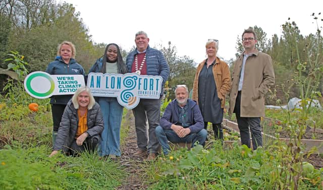 Front row L-R: Edel Kelly, LCRL and Andy Smith, Chairperson. Back: Linda Beirne, Community Climate Action Officer; Cllr Uruemu Adejinmi, Leas Cathaoirleach of Longford County Council; Cllr Mark Casey; Gillian Ní Chaiside, landscape architect and Richard Smith, Longford County Council at the launch of the Longford Town Community Allotments.