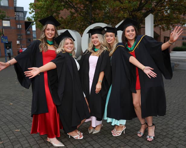 Students (From right to left) Bronagh Rawle ,Ballinalee, county Longford alongside Tina Healy, Aoibhe Harmon, county Wicklow, Laura Galvin, Westport county Mayo, Katie Cafferkey, Ballycroy, Co Mayo and Grainne Sheridan, Castleblayney, county Monaghan.The six women received a Bachelor of Science in Health and Society during the Autumn Graduation Ceremony in DCU (Dublin City University)Pic:Kyran O’Brien/DCU Comms Dept NO FEE FOR REPRO