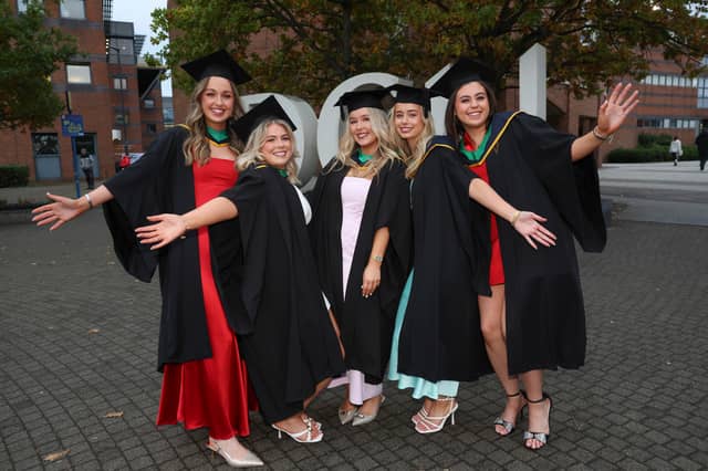 Students (From right to left) Bronagh Rawle ,Ballinalee, county Longford alongside Tina Healy, Aoibhe Harmon, county Wicklow, Laura Galvin, Westport county Mayo, Katie Cafferkey, Ballycroy, Co Mayo and Grainne Sheridan, Castleblayney, county Monaghan.The six women received a Bachelor of Science in Health and Society during the Autumn Graduation Ceremony in DCU (Dublin City University)Pic:Kyran O’Brien/DCU Comms Dept NO FEE FOR REPRO