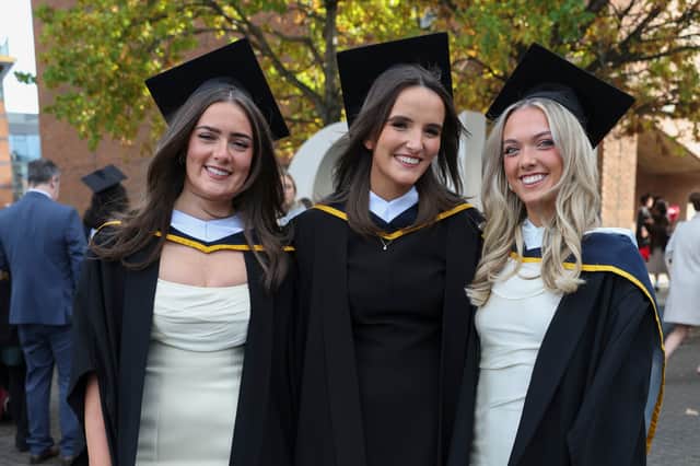 Ella Duggan of Newtownforbes Co Longford (on right) with from with Caoimhe Cassidy, Rathoath Co Meath (centre) and Megan Coyne, Navan Co Meath (left) who received a Bachelor of Arts Joint Honours during Day Three of the Autumn Graduation Celebrations in DCU (Dublin City University).Pic Kyran O’Brien/DCU Comms NO FEE FOR REPRO