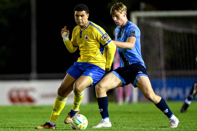 Pharrell Manuel on the ball for Longford Town in this tussle with UCD defender Sean Murphy. Action from the SSE Airtricity League First Division play-off semi-final 2nd leg at the UCD Bowl in Belfield Photo: Eakin Howard/Sportsfile