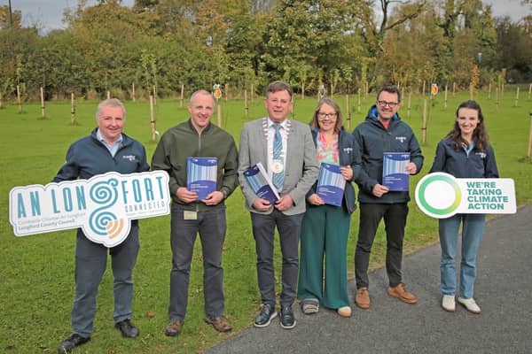 Bernard Shea (Climate Action Coordinator / Senior Executive Engineer), Gary Brady (Climate Action Officer), Cllr Gerry Hagan, Cathaoirleach of Longford County Council, Samantha Healy, Chief Executive of Longford County Council, Richard Smith (Senior Executive Officer, Environment and Climate Action) and Aisling Murphy (Climate Action Graduate) pictured at the launch of the Longford Town Decarbonisation Zone (DZ) Report
PICTURE: SHELLEY CORCORAN 