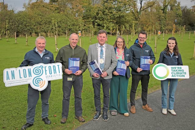 Bernard Shea (Climate Action Coordinator / Senior Executive Engineer), Gary Brady (Climate Action Officer), Cllr Gerry Hagan, Cathaoirleach of Longford County Council, Samantha Healy, Chief Executive of Longford County Council, Richard Smith (Senior Executive Officer, Environment and Climate Action) and Aisling Murphy (Climate Action Graduate) pictured at the launch of the Longford Town Decarbonisation Zone (DZ) Report
PICTURE: SHELLEY CORCORAN
