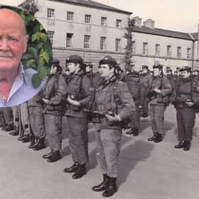 Inset: The late Tony McGlynn. Main: Tony, third from right second row in a parade outside Connolly Barracks