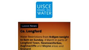 Breaking:  Irish Water has placed water restrictions on numerous locations across County Longford 
