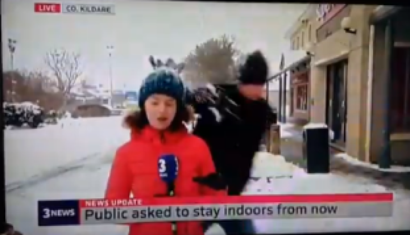 WATCH: Gas moment man hits TV3 reporter with snowball during live broadcast
