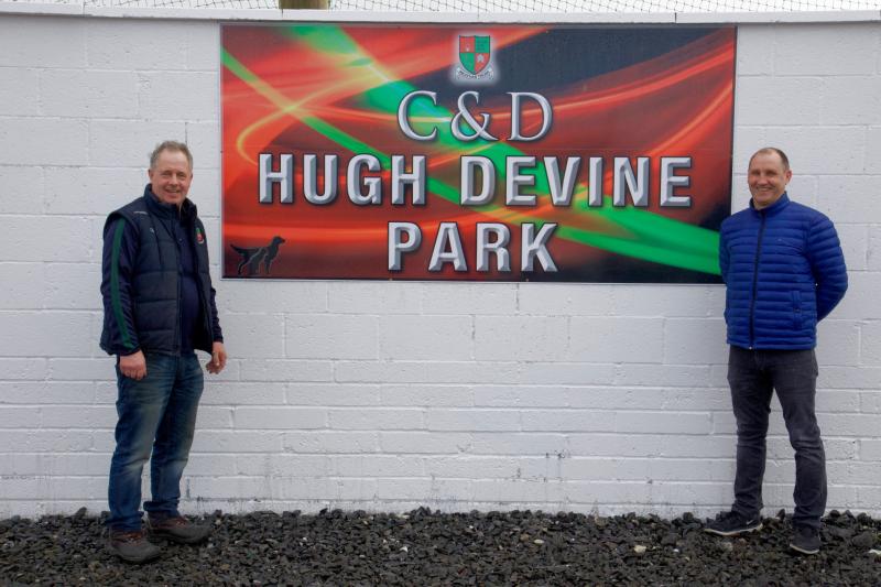 Mostrim GAA members, Tony Garvey and Gerry Lynn, at the unveiling of the newly named C&D Hugh Devine Park