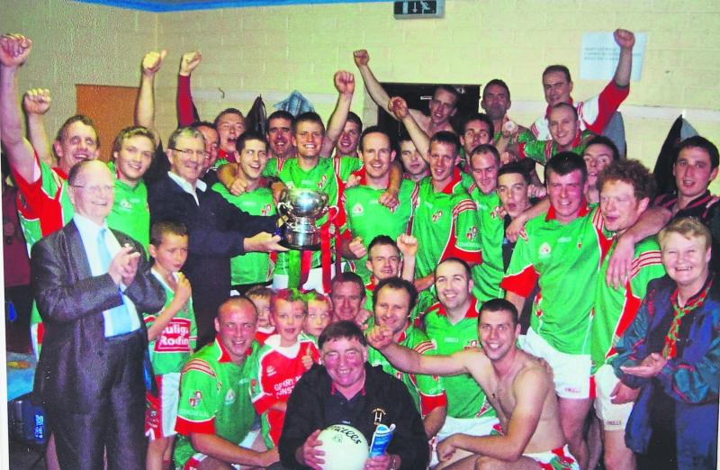 Eugene McGee celebrating with the Colmcille players after they won the Longford SFC title (Sean Connolly Cup) in 2008 after a lapse of fifty years