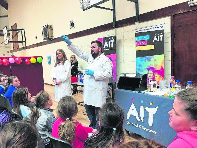 Inspiring primary and post-primary students during a wonderful display of Science with AIT-Connect & Discover! Audience participation at its best in Ballymahon Vocational School