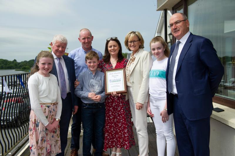 At the presentation were (L-R) Mariah Reilly, Alo Duffy, Chairman, Lakeland Dairies, Patrick, John and Noeleen Reilly, Mairead McGuinness MEP, Melanie Reilly and Michael Hanley, CEO, Lakeland Dairies