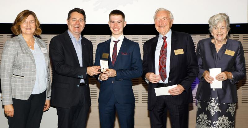  Principal Josephine Donohue, Minister for Finance Paschal Donohoe TD, County Longford winning scholar Cian Belton, Martin and Carmel Naughton Picture: Kieran Harnett