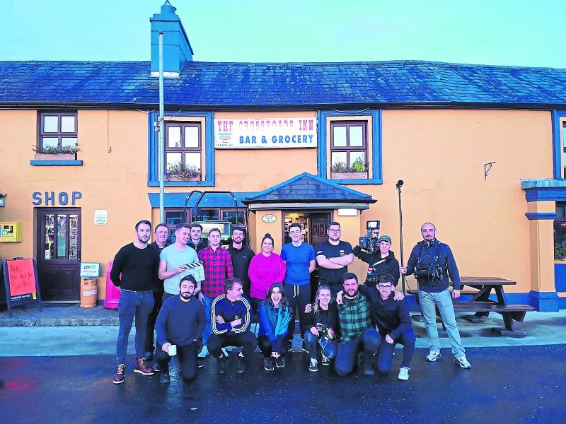 Drifting: The cast and crew outside  the Crossroads Inn pub in Lisryan, one of the Granard locations for the film