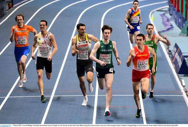 Longford athlete Cian McPhillips powers his way into semi-finals of 800 metres at European Indoor Championships in Poland