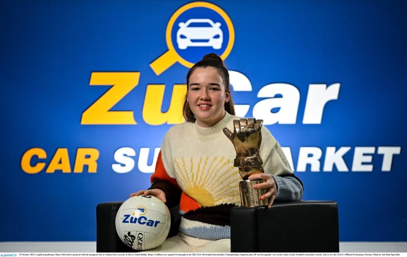Longford ladies goalkeeper Riane McGrath receives the ZuCar Golden Glove Award