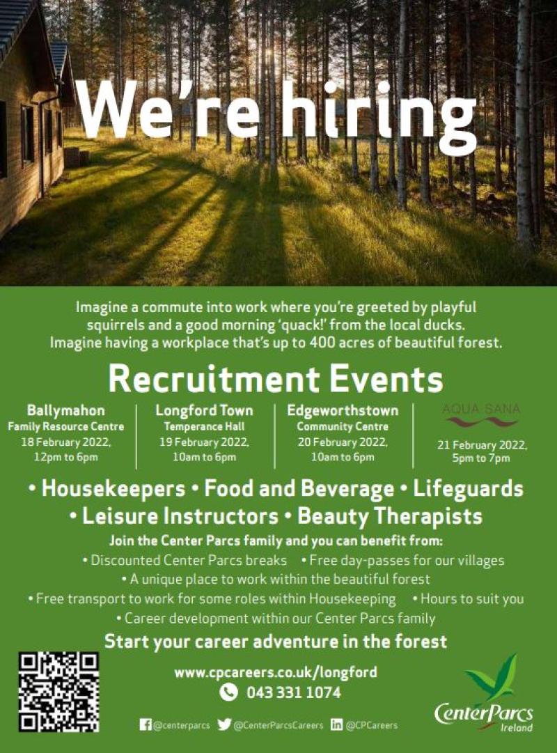 Looking for a new job? Center Parcs Longford Forest hosting four recruitment events for a variety of positions 