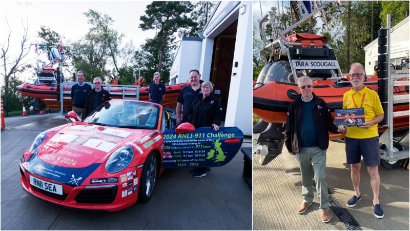 Lough Ree RNLI visited by London couple in their Porsche 911 in novel fund-raising challenge