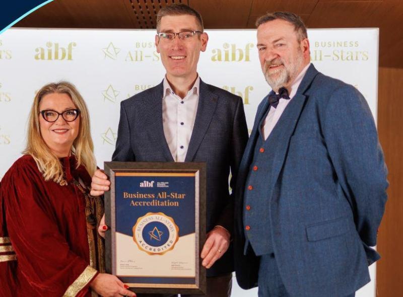 Michael Hegarty (Founder) of Michael Hegarty Coaching pictured with Margaret Considine (Outgoing AIBF President) & Kieran Ring (Vice-Chair AIBF Adjudication Board) as Michael Hegarty Coaching was hono