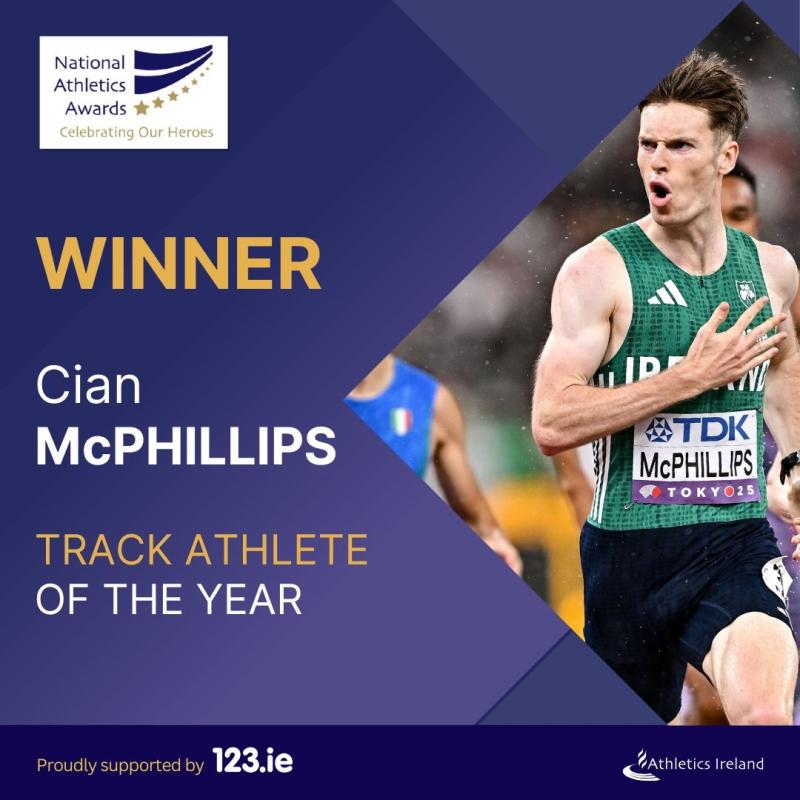 Longford star Cian McPhillips wins Athletics Ireland Track Athlete of the Year Award 