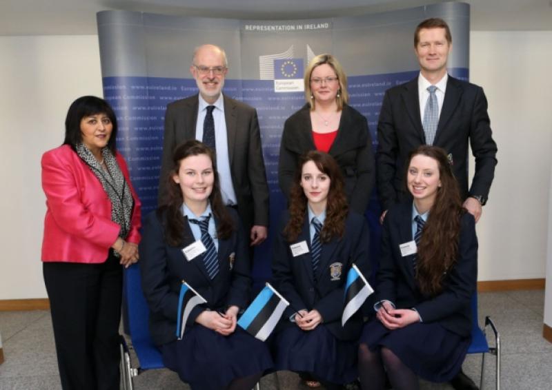 Meanscoil Mhuire students Grace Kenny, Jaimie-Leigh Fallon and Ailbhe Farrell pictured with Barbara Nolan (European Commission's Head of Representation in Ireland), Francis Jacobs (Head of European Parliament Information Office), teacher Michelle Keogh, and Estonian Ambassador Mr Mait Martinson.