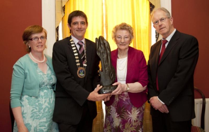 A Civic Reception was held in The Greville Arms, Granard, Co. Longford on Thursday, 6th June 2013 to Honour  Josie O�"Rourke, Granard Person of the Year.Anne Glancy, Granard Town Clerk, Mayor John Maguire, Josie O'Rourke, Granard Person of the Year and Jack Kilgallen, Granard Town Manager.  Picture by Willie Farell.