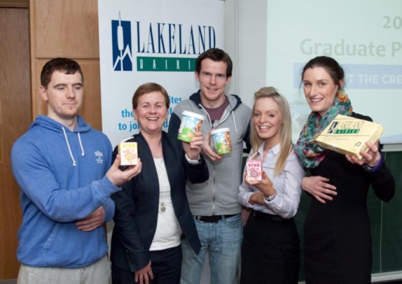 At the recent Lakeland Dairies information seminar on Graduate Programme opportunities for University of Limerick students were from left:  Michael Murray, Trim, Co. Meath; Catherine Smith, HR Manager, Lakeland Dairies; Eoghan Griffin, Dingle, Co. Kerry; Lucia O'Neill (Lakeland Graduate Programme Co-ordinator) and Anne O'Connor, Careers Advisor, University of Limerick.