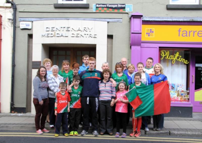 Mayo Minor player Matthew Flanagan with family members as Geraldine Terrace was renamed Matthew Flanagan Street as part of the Little Mayo initiatve. Photo: Michelle Ghee. www.gphotos.ie