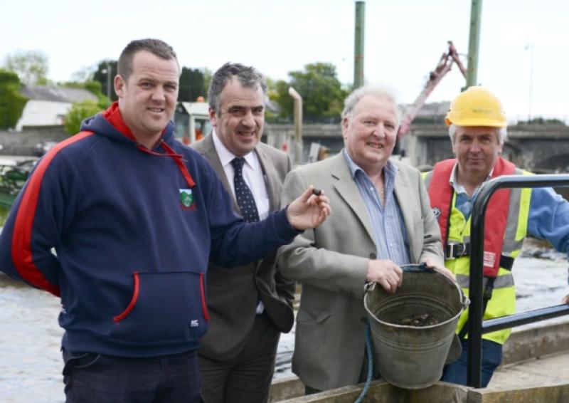 Danial Murphy, Eanna Rowe (Regional Fisheries Manager), Hugh Kane (Angling Chairman), and Michael McKiernan pictured during the removal of Asian clams in Lanesboro. Photo: Declan Gilmore
