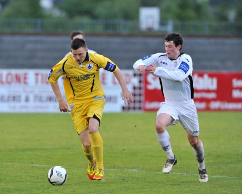 Josh O'Hanlon on the attack for Longford Town against Athlone Town on Friday evening at the Athlone Town Stadium in the League of Ireland First Division. Pic: Ray Donlon