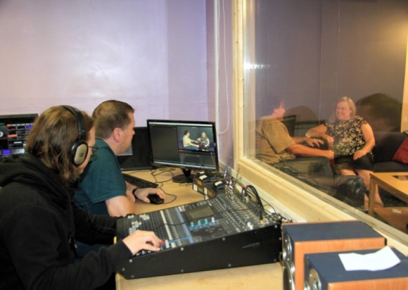 Owen Catterall and Seamus Clarke pictured handling sound and vision mixing duties at the Out-take Media studio, while Shane Crossan and Deirdre O'Byrne present. Photo: Michelle Ghee. www.gphotos.ie