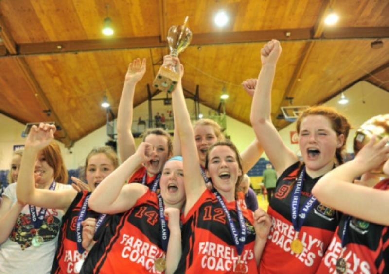 20 March 2013; Mercy Secondary School Ballymahon players celebrate with the cup. U16C Girls - All-Ireland Schools League Finals 2013, Mercy Secondary School Ballymahon, Longford v Colaiste Oiriall, Monaghan, National Basketball Arena, Tallaght, Dublin. Picture credit: Brian Lawless / SPORTSFILE
