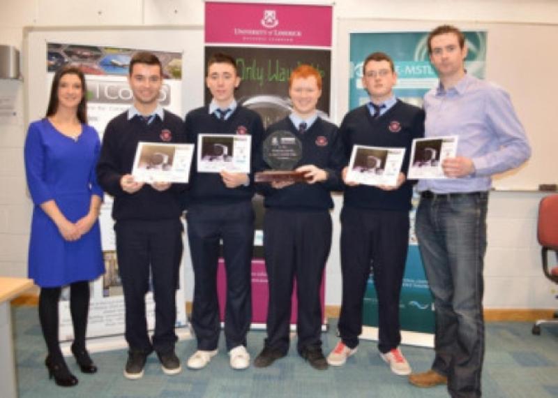 Students at St Nessans Community College in Limerick, where Arva's Gavin Doyle (right) is a teacher, were announced as the winners of 'The Only Way is Up' competition and their science experiment is to be flown up to the International Space Station. Pictured l to r are; Dr Norah Patten (UL), Jonathan Roche, Jamie O'Connell, Jason Hannon and Kevin Hanly.