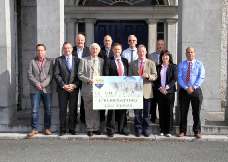 At the launch of the St Mels College 150th anniversary celebrations were front row l to r; Jimmy Morgan (1983-1988), Declan Kenny (1982-1988), Denis Glennon (former Principal), Enda Flynn (1983-1988), Principal Declan Rowley (1976-1982), Martina Glennon and Benny O'Brien (1983-1988). Back; Joe Flaherty (1982-1987), Derek Sheridan (1977-1981), Pat O'Brien (1977-1972) and Joe McLoughlin (Board of Management). Photo: Michelle Ghee. www.gphotos.ie
