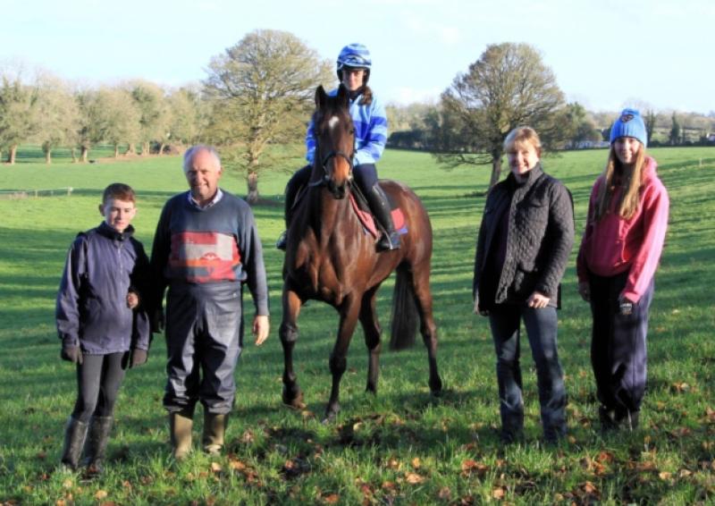 Launching this weekend's point-to-point race meeting were Adam Karney, Adrian Murray, jockey Ann Burns on 'Tearaway Queen', Linda Gallagher, and Aisling McGreal from Corbeagh House. Photo: Michelle Ghee. www.gphotos.ie