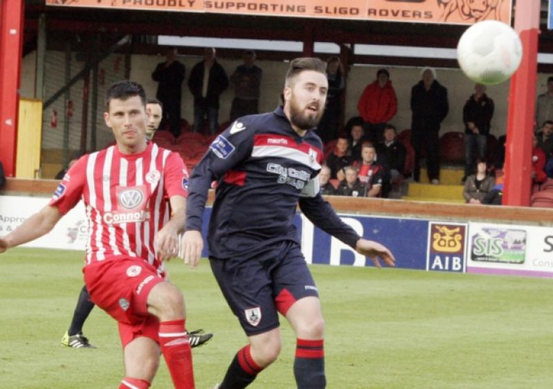 Longford Town player Mark Salmon battling for the ball in the Premier Division league game against Sligo Rovers at the Showgrounds on Saturday evening last.