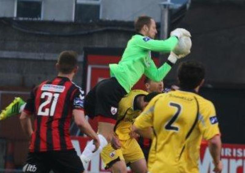 Goalmouth action from the game at Dalymount Park on Friday night last as Longford Town keeper Paul Hunt gathers the ball. Photo: Tiernan Dolan