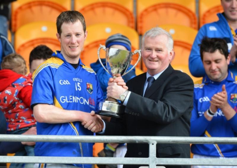 Longford captain and Lory Meagher Cup award winner Joe O'Brien is presented with the National Hurling League Division 3B Cup back in April. Photo: Ray Donlon