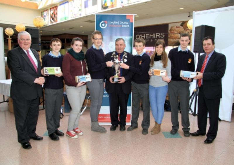 Timber Teasers from Moyne Community School were the senior overall winners in the Longford County Enterprise Board Student Enterprise Awards 2014 and pictured at presentation of prize were l to r; Board Member Cllr PJ Reilly, Charlie McGreevy, Eleanor O'Leary, Della McLoughlin, Longford Town Mayor Paul Connell, Frances Molloy, Patricia Rodriguez, Thomas McVeigh and Cllr Frank Kilbride. Photo: Michelle Ghee. www.gphotos.ie