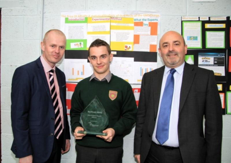 Garrett Buckley (Education Officer with the Longford /Westmeath Education and Training Board) and Mark Lyons, winner of the SciFests SFI Discover Best Project Award  with Dr Christy Duffy (Chief Executive of Longford /Westmeath Education and Training Board).