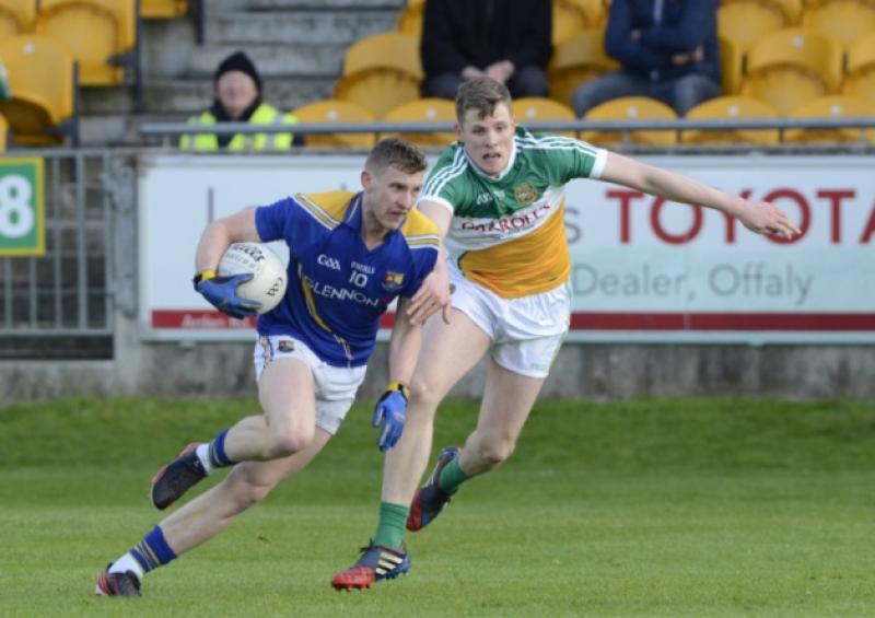 Longford's Ronan McEntire is challenged by Offaly's Johnny Moloney when the counties met last May in the Leinster SFC at O'Connor Park. The counties will clash again at the Tullamore venue in the 2016 Leinster Championship. Photo by Declan Gilmore