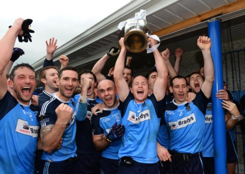 Longford Slashers captain Dermot Brady lifts the Sean Connolly Cup. Photo: Ray Donlon