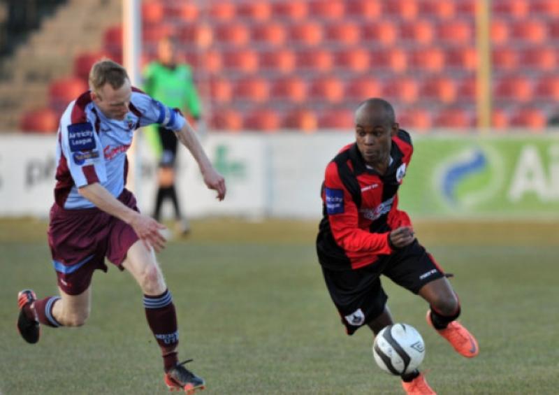 Etanda Nkololo on the attack for Longford Town against Mervue United in the League of Ireland First Division on Saturday evening last at City Calling Stadium. Photo: Ray Donlon