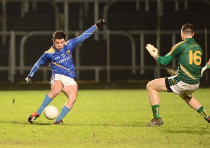 Longford attacker Francis McGee about to dispatch a goal beyond Meath's Paddy O'Rourke in the Bord na Mona O'Byrne Cup recently. McGee shone against London today, chipping in with four points.