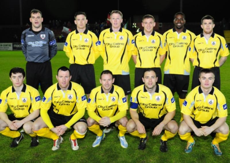 The Longford Town team that started against Shelbourne in the SSE Airtricity League First Division game at City Calling Stadium on Saturday night last.  Back row (l to r): Chris Bennion, Glenn O'Connor, Peter Hynes, Rhys Gorman, Don Cowan and David O'Sullivan. Front row (l to r); Jamie Mulhall, Pat Flynn, Pat Sullivan, Stephen Rice and Lorcan Shannon. Photo: Declan Gilmore