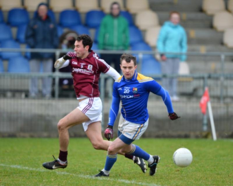 Longford forward David Barden in action against Galway's Finian Hanley during the fourth round of the National Football League Division 2 on Sunday last at Pearse Park.