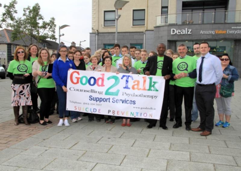 Elaine Moraes from Smart PA, Angela Killion from Longford Volunteer Centre, Kerry Reid from Good2Talk, Angela He, Barbara Smyth, Jane Reilly, Kazeeim Ogunsakin, Barbara Doyle, Mick Joyce, Templemichael College Deputy Principal Mick O'Rourke, Peter Briody, Chris Courtney and Tena Keown pictured with transition year students  who participated in a walk to mark World Suicide Prevention Day on Thursday last, September 10. Photo by: Michelle Ghee. www.gphotos.ie