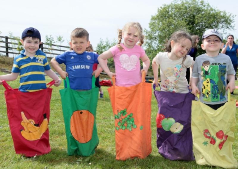All set for the sack race at the recent fundraiser at ABC Childcare. Photo includes Aaron Devlin, Jonathan Gajos, Aaron Smith  Ruby Nertney and  Sinead OSullivan. The event was held to raise money for the  creation of a Remembrance Garden and a free Counselling Area. Photo: Shelley Corcoran