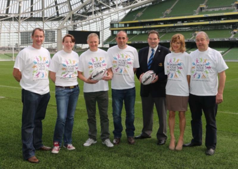A series of youth mental health talks, Sport Your Mind, will take place at rugby clubs across the Midlands, including Longford RFC on Wednesday, September 24. Pictured promoting the event are L-R:  Anthony OPrey (Health Promotion OLDC/HSE), Niamh Kavanagh (Irish Rugby International), Joe Schmidt (Ireland Head Coach), Damien Curley (Midland Area Secretary), Robert McDermott (Vice-President, Leinster Rugby),  Josephine Rigney (Acting Suicide Prevention and Resources, HSE) and Derek Turner (Junior Midlands Rep). Photo: Nick Bradshaw