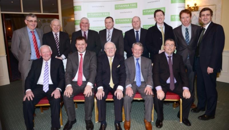 Longfords ten Fianna F�il local election candidates and two European election hopefuls, along with Senator Mark Daly. Front row L-R: Luie McEntire, Euro candidates Senator Thomas Byrne, Pat The Cope Gallagher, Seamus Butler, and Mick Cahill. Back L-R: Tom Victory, Pat OToole, PJ Reilly, Martin Mulleady, Michael Connellan, Padraig Loughrey, John Coyle, and Senator Mark Daly. Photo: Declan Gilmore