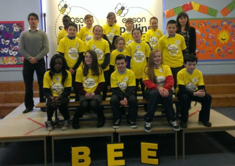 Pictured here with fellow contestants, Chloe Matthews (second from right), a sixth class pupil at Aughnagarron National School in Granard, has been crowned the Longford Easons Spelling Bee Champion.