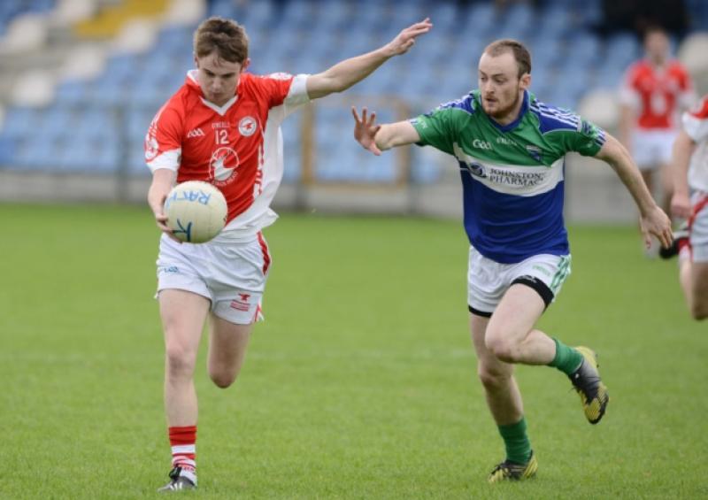 Dessie Reynolds on the attack for Sean Connolly's in evading the challenge of Rathcline defender James Carroll. Action from the Intermediate Football Championship semi-final at Glennon Brothers Pearse Park on Saturday evening last. Photo: Declan Gilmore Photography
